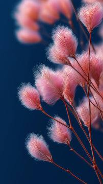 Close Up Of Delicate Pink Wildflower Seed Heads: Soft Fluffy Plant Details Against A Smooth Blue Background With Shallow Depth Of Field