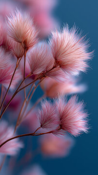 Close Up Of Delicate Pink Wildflower Seed Heads: Soft Fluffy Plant Details Against A Smooth Blue Background With Shallow Depth Of Field