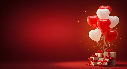 Obraz premium Valentine's day celebration with red and white heart balloons and gift boxes
