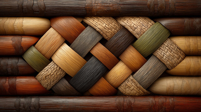 Close Up Of Decorative Bamboo Arrangement: Vertical Green Bamboo Stems With Carved Surface Patterns And Natural Leaves Creating An Organic Background Texture