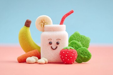 Colorful candy fruits and a smiling drink create a fun scene for healthy food lovers in a cheerful setting