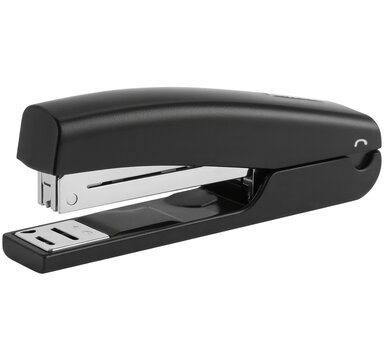 black stapler with metal parts on transparent background