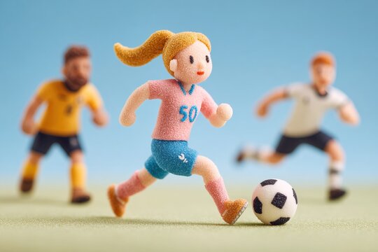 Girl runs with soccer ball as players chase during a game on a field with clear sky in the background and bright colors
