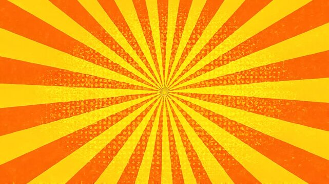Bright yellow and orange comic style sunburst background with radial rays and halftone texture.