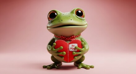 Obraz premium Sad cartoon frog with a polka dot bowtie holding a heart that says 'Be Mine'