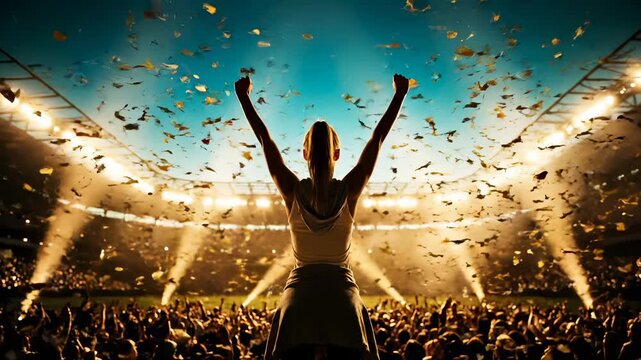 Performer stands on stage in stadium. Spotlight frames performer form. Confetti falls across crowd. Crowd reacts with applause. Live event activity fills platform and seating. Production continues.