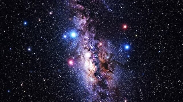 Distant deep space galaxy with glowing stars and nebula clouds set against a dark background for scientific presentations.