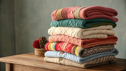 Pile of colorful sweaters on wooden table.