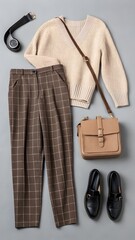 Brown pant in check with cream sweater and purse flatlay.