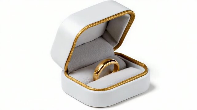 Elegant gold ring in open white velvet box with gold trim on white background