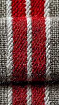 Close Up Of Red And Gray Knitted Fabric: Detailed Textile Texture With Striped Pattern And Soft Wool Yarn Shown In Macro View