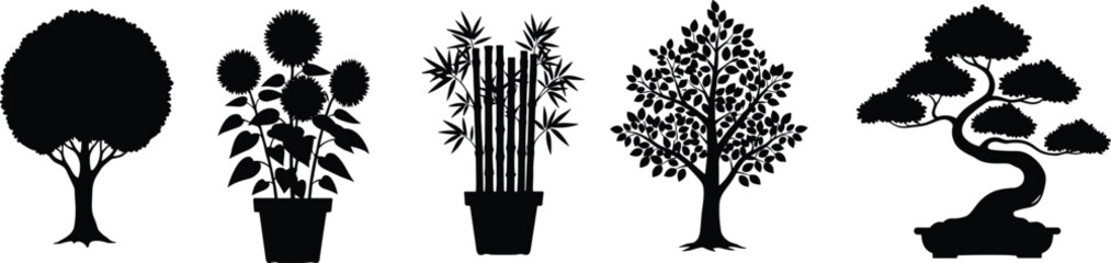 Obraz premium Black silhouette set of decorative trees and potted plants featuring bonsai bamboo and sunflowers for minimalist landscape design and modern interior garden vector graphics