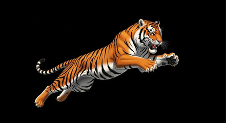 Majestic Tiger Leaping Through Darkness with Fierce Expression. © Roki