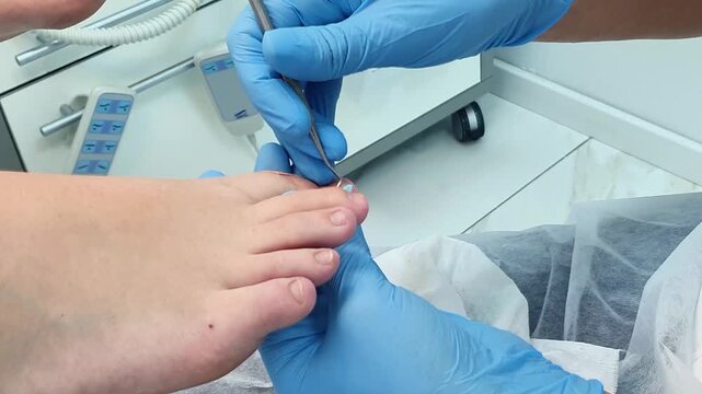 Podologist cleans the patient's nail with a curette. Patient undergoing treatment for ingrown nail. Podology and Orthopedics Clinic.