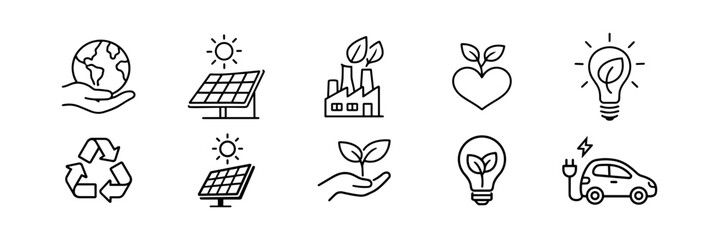 Fototapeta premium Eco Sustainability Line Icons Set – Solar, Recycling, Green Energy and Electric Car