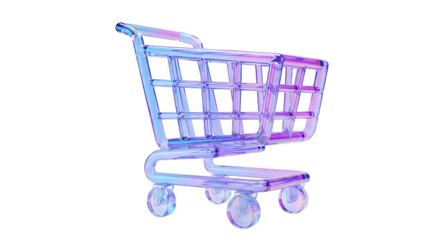 Shopping cart in holographic glass style with iridescent colors for ecommerce and retail marketing