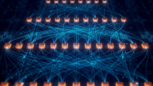 Abstract Neural Network Architecture Visualization, Connected Nodes and Data Flow Lines, Big Data AI Machine Learning Algorithm System, Digital Technology Background, Artificial Intelligence Concept