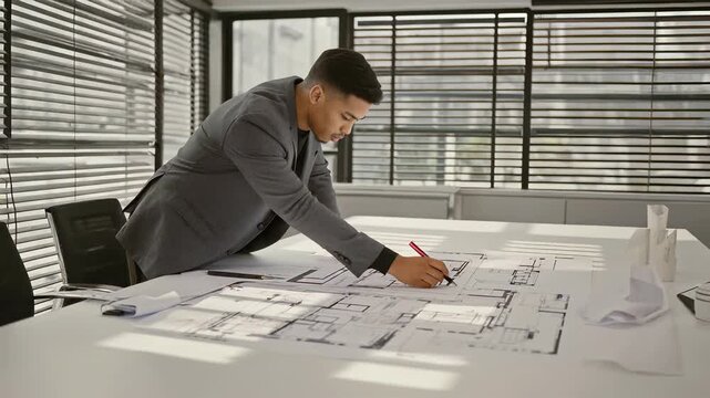 Architect reviewing blueprint plans at a desk, analyzing building design, focused on technical details, professional workspace.