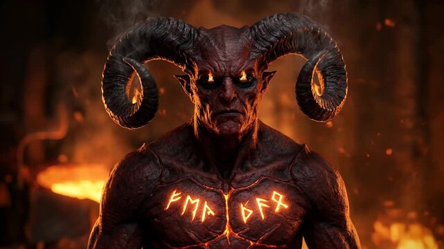 A strong creature devil is shown with large horns and glowing eyes in a setting with flames and detailed markings on the body. The atmosphere is intense and dramatic