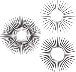 Fototapeta premium Three hand drawn dark grey starburst sunburst radial burst shapes