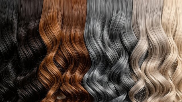 Various shades of wavy hair displayed in a row, showcasing rich textures and colors, from deep black to light blonde, highlighting hairdressing artistry and styling options