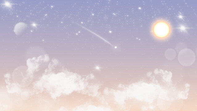 Dreamy celestial illustration featuring a glowing sun suspended in a soft pastel space sky, surrounded by gentle clouds, starlight, and shooting stars. 