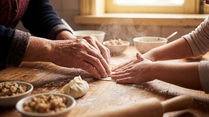 A heartwarming scene of hands coming together in the art of dumpling making, capturing a tender moment of intergenerational cooking.