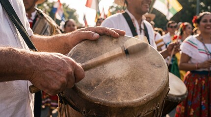 The rhythmic beat of a traditional drum resonates within a vibrant cultural festival, the moment captures the essence of music, rhythm, and communal celebration.