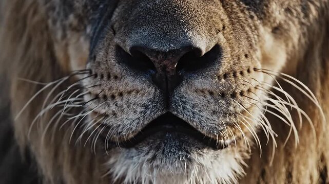 Close-up of a majestic lion's face exhaling mist in cold weather, powerful predator
