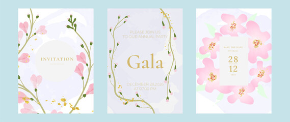 Fototapeta premium watercolor floral wedding invitation vector set with soft pink pastel shapes and modern artistic composition. Elegant design for wedding cards, gala invitations, events, posters and stationery.