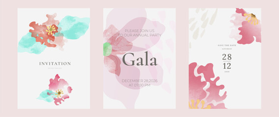 Naklejka premium watercolor floral wedding invitation vector set with soft pink pastel shapes and modern artistic composition. Elegant design for wedding cards, gala invitations, events, posters and stationery.