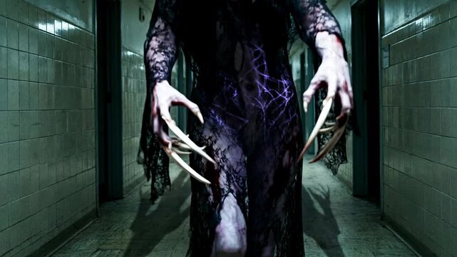 A figure dressed in dark clothing moves through a dimly lit hallway. The long claws on its hands create a sense of danger. The setting is an abandoned building with faded walls