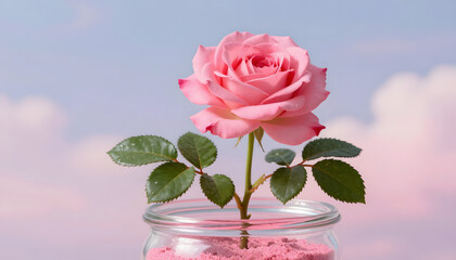Fototapeta premium Pink roses arranged in a glass vase on a soft pink background with a Valentine’s Day date. Minimalist floral still life expressing love, romance, and elegance. Clean, modern composition with copy text