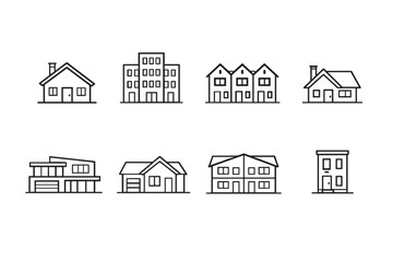 Set of simple black outline icons showing various residential buildings including houses, apartments, and modern homes in minimal line art style