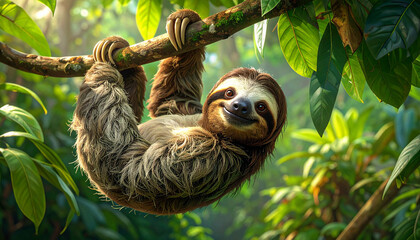 Obraz premium Cute three-toed sloth hanging from a tree branch in tropical rainforest, relaxed wildlife portrait with green nature background.