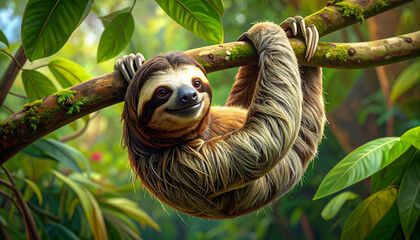 Obraz premium Cute three-toed sloth hanging from a tree branch in tropical rainforest, relaxed wildlife portrait with green nature background.