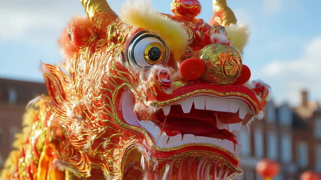 selective focus street parade with dragon dance for chinese new year
