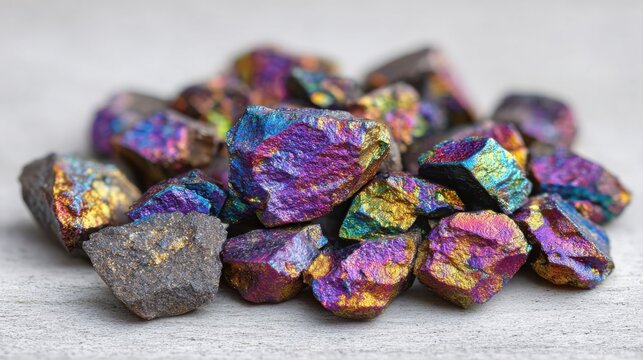 Close-up of iridescent mineral crystals with rainbow metallic sheen on a textured surface, showcasing natural beauty.