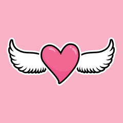 Pink heart with white wings. Set of cute love symbols. Heart tattoo. Pink and white color icons. Hearts for design. Love, romance vector icons. For gifts, Valentine's Day, birthday, party decor, cards