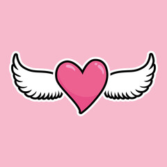 Pink heart with white wings. Set of cute love symbols. Heart tattoo. Pink and white color icons. Hearts for design. Love, romance vector icons. For gifts, Valentine's Day, birthday, party decor, cards