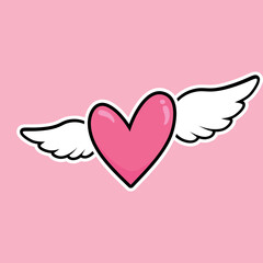 Pink heart with white wings. Set of cute love symbols. Heart tattoo. Pink and white color icons. Hearts for design. Love, romance vector icons. For gifts, Valentine's Day, birthday, party decor, cards