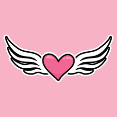 Pink heart with white wings. Set of cute love symbols. Heart tattoo. Pink and white color icons. Hearts for design. Love, romance vector icons. For gifts, Valentine's Day, birthday, party decor, cards