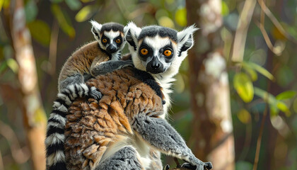 Fototapeta premium Ring-tailed lemur mother with baby riding on her back, wildlife family portrait in natural forest habitat.