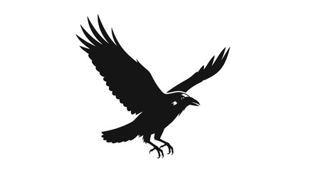 Fototapeta premium Black silhouette of a raven in flight against a white background.