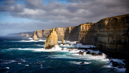 Dramatic Coastal Cliffs with Powerful Ocean Waves and Turquoise Sea