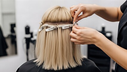 Fototapeta premium Blonde woman in a salon, receiving hair extensions applied with care, showcasing professional hairstyling techniques and tools in a modern hairdressing environment