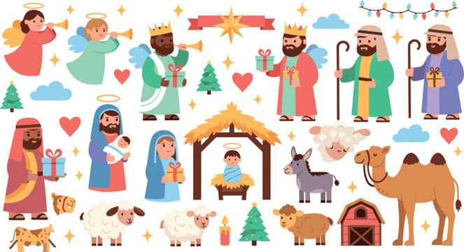 Christmas Nativity Vector Set with Baby Jesus, Mary, Joseph, Three Wise Men, Angels, Shepherds, Animals and Festive Religious Elements