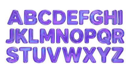 Set of complete alphabet letters in holographic purple glass 3D style