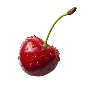 Fresh red cherry with water drops and green stem, isolated on white, png