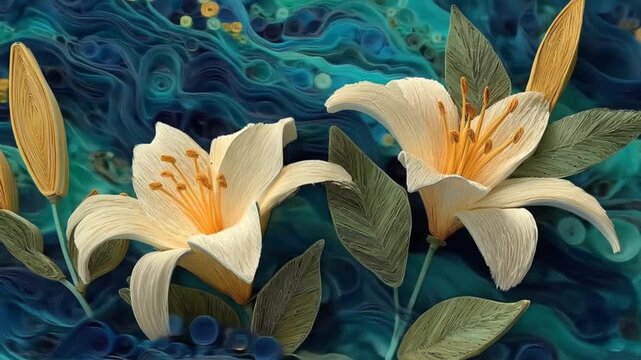 Elegant lily flowers with green leaves and blue abstract background